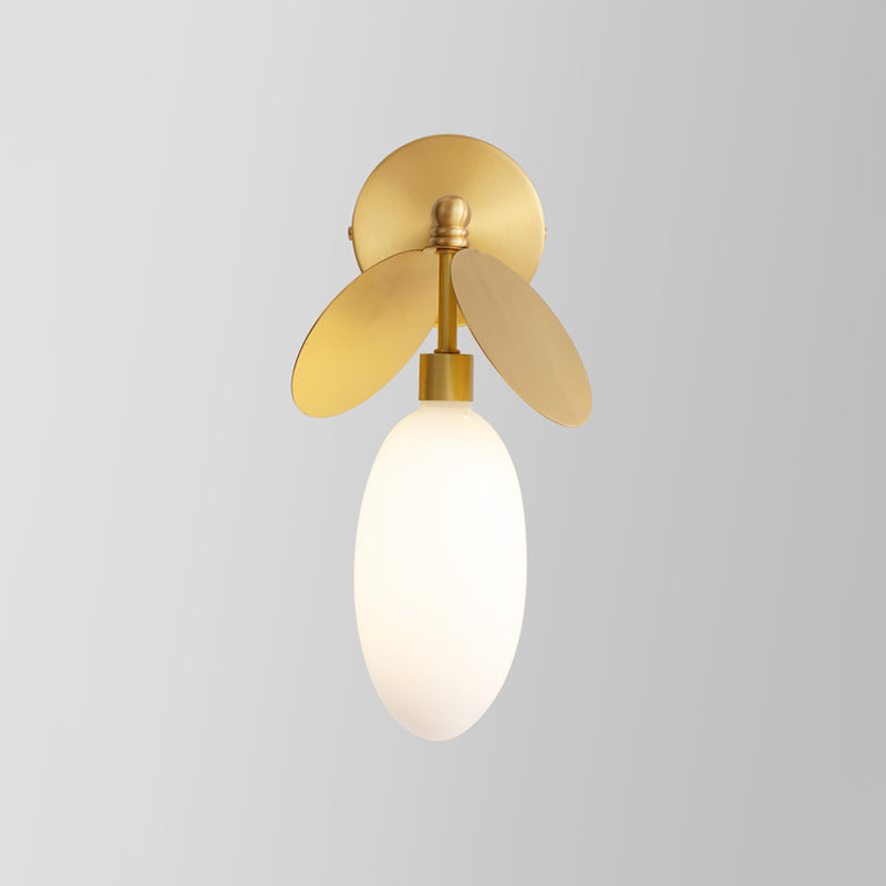Lisslune | Postmodern Globe/Oval Wall Lamp Cream Glass 1 Light Wall Lamp for Bed in Brass with Leaf Decor