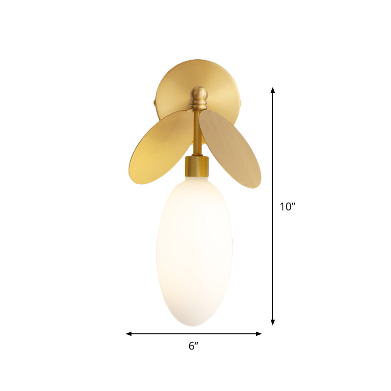 Lisslune | Postmodern Globe/Oval Wall Lamp Cream Glass 1 Light Wall Lamp for Bed in Brass with Leaf Decor