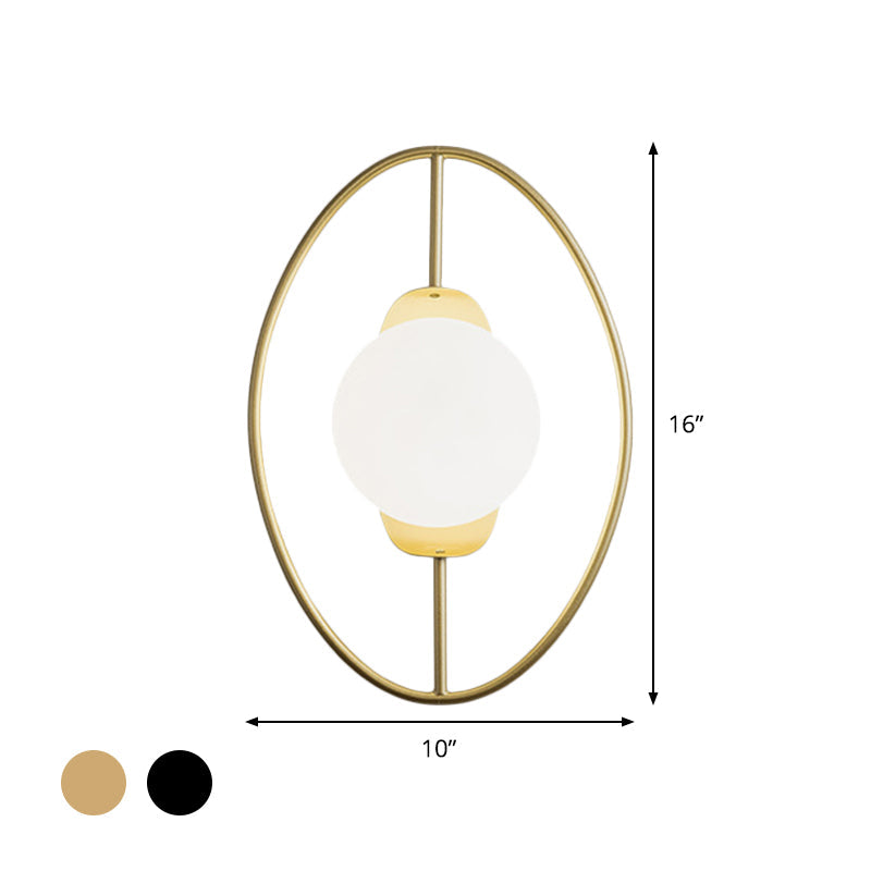Lisslune | Metal Halo Ring Wall Light Minimalist 1 Head Black/Gold Finish Wall Lamp with Sphere White Glass Shade