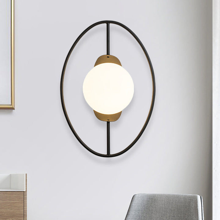 Lisslune | Metal Halo Ring Wall Light Minimalist 1 Head Black/Gold Finish Wall Lamp with Sphere White Glass Shade