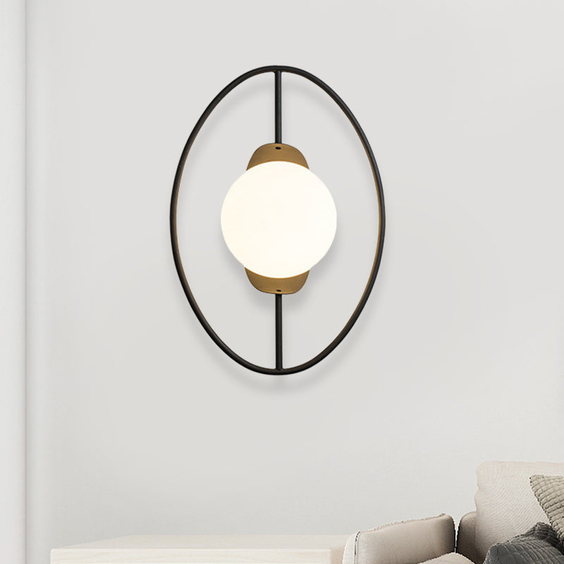 Lisslune | Metal Halo Ring Wall Light Minimalist 1 Head Black/Gold Finish Wall Lamp with Sphere White Glass Shade