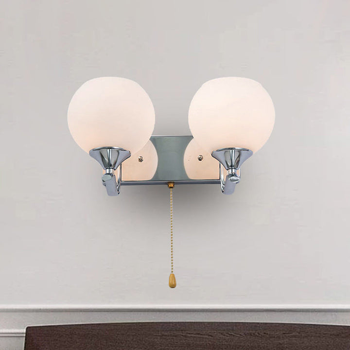 Lisslune | Cream Glass Global Wall Mount Light Modern 2-Head Chrome Wall Sconce with Pull Chain