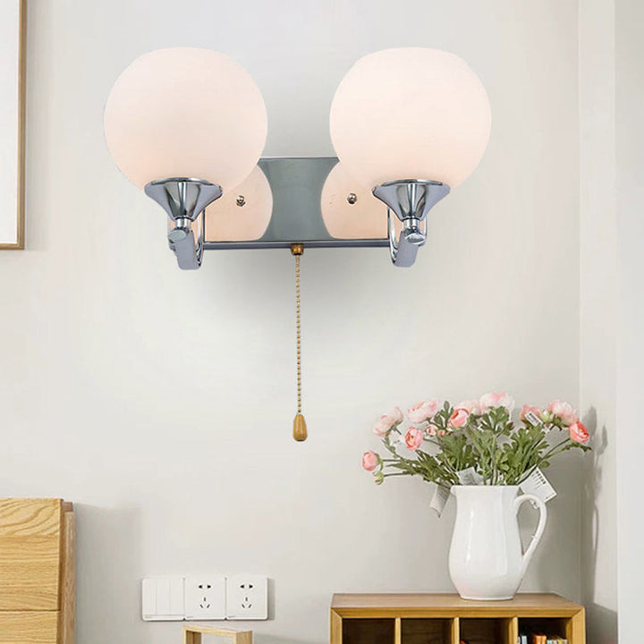 Lisslune | Cream Glass Global Wall Mount Light Modern 2-Head Chrome Wall Sconce with Pull Chain