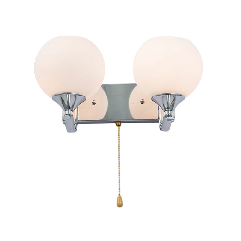 Lisslune | Cream Glass Global Wall Mount Light Modern 2-Head Chrome Wall Sconce with Pull Chain