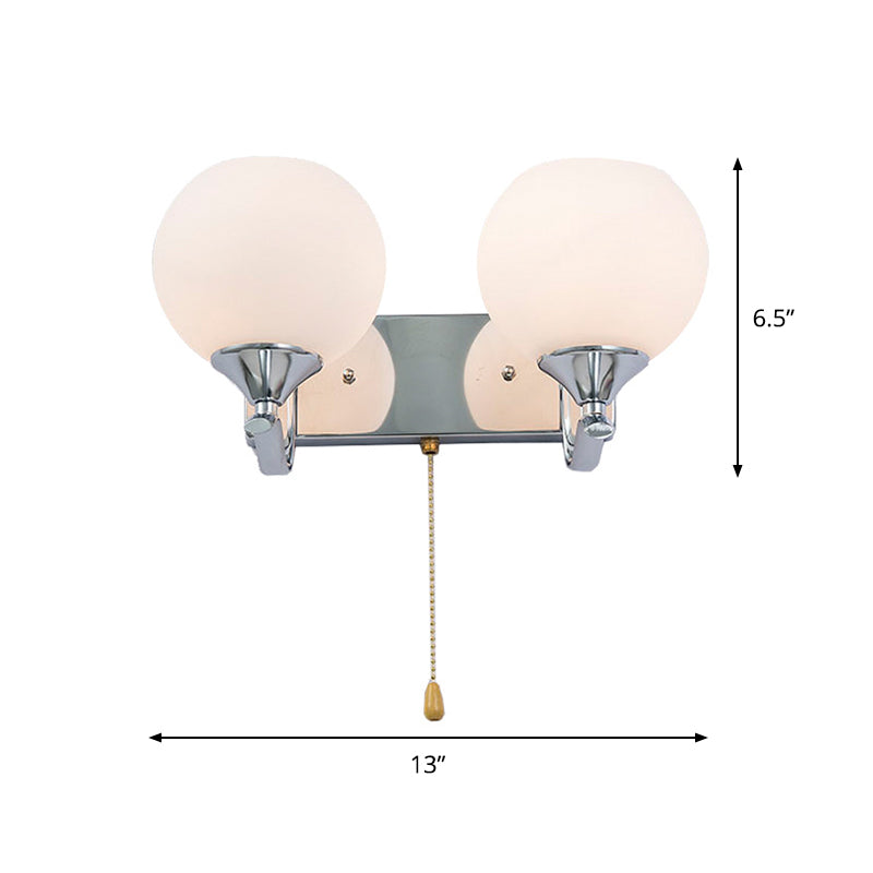 Lisslune | Cream Glass Global Wall Mount Light Modern 2-Head Chrome Wall Sconce with Pull Chain