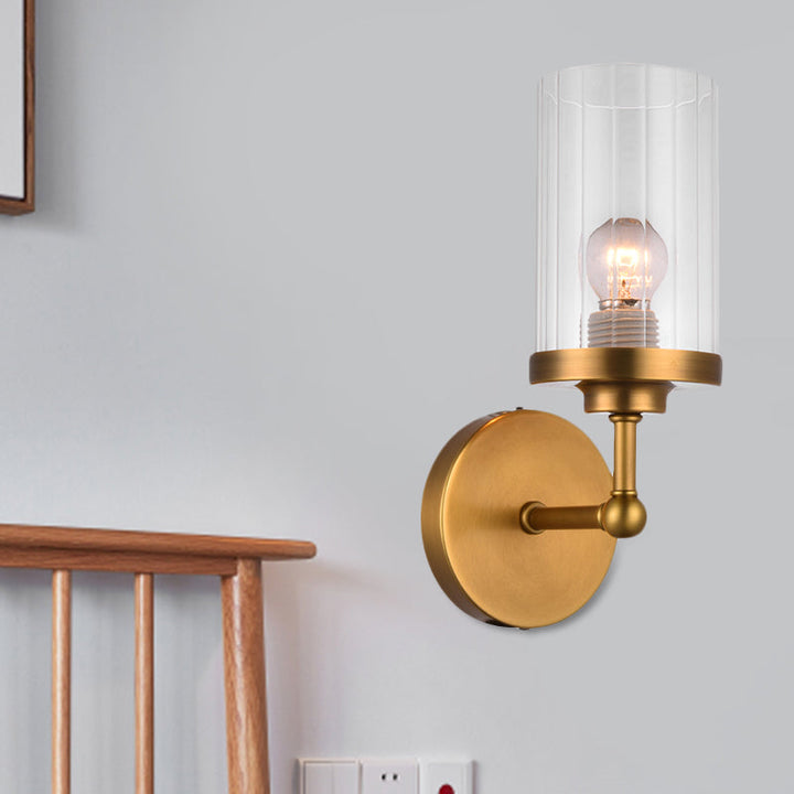 Lisslune | Brass Cylinder Wall Lighting Idea Postmodern 1-Head Clear Ribbed Glass Wall Mount Lamp