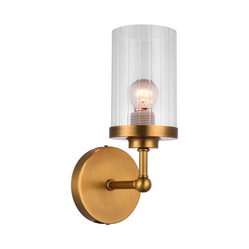 Lisslune | Brass Cylinder Wall Lighting Idea Postmodern 1-Head Clear Ribbed Glass Wall Mount Lamp