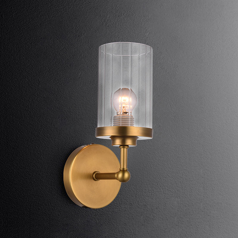 Lisslune | Brass Cylinder Wall Lighting Idea Postmodern 1-Head Clear Ribbed Glass Wall Mount Lamp