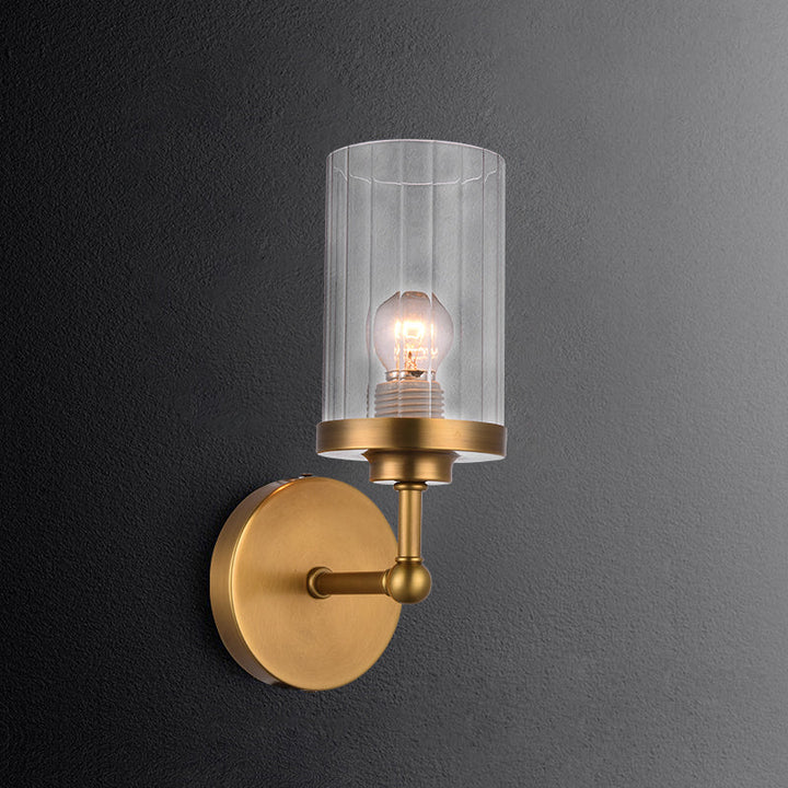Lisslune | Brass Cylinder Wall Lighting Idea Postmodern 1-Head Clear Ribbed Glass Wall Mount Lamp