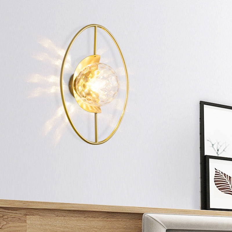 Lisslune | Clear Dimpled Glass Orb Wall Light Modern 1-Lamp Black/Gold Wall Lamp with Ring Detail
