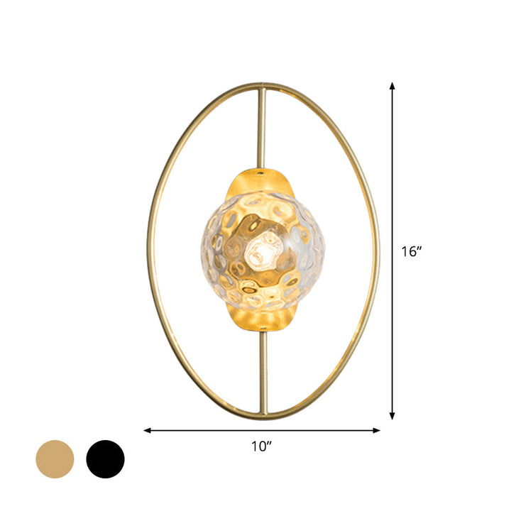 Lisslune | Clear Dimpled Glass Orb Wall Light Modern 1-Lamp Black/Gold Wall Lamp with Ring Detail