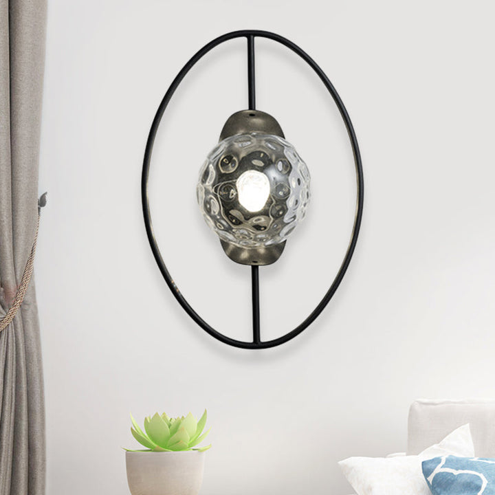 Lisslune | Clear Dimpled Glass Orb Wall Light Modern 1-Lamp Black/Gold Wall Lamp with Ring Detail