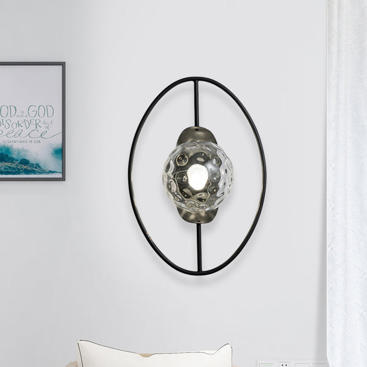 Lisslune | Clear Dimpled Glass Orb Wall Light Modern 1-Lamp Black/Gold Wall Lamp with Ring Detail