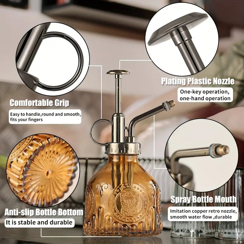 Lisslune | Embossed glass bottle with metal nozzle – Plant sprayer for flower watering in vintage design