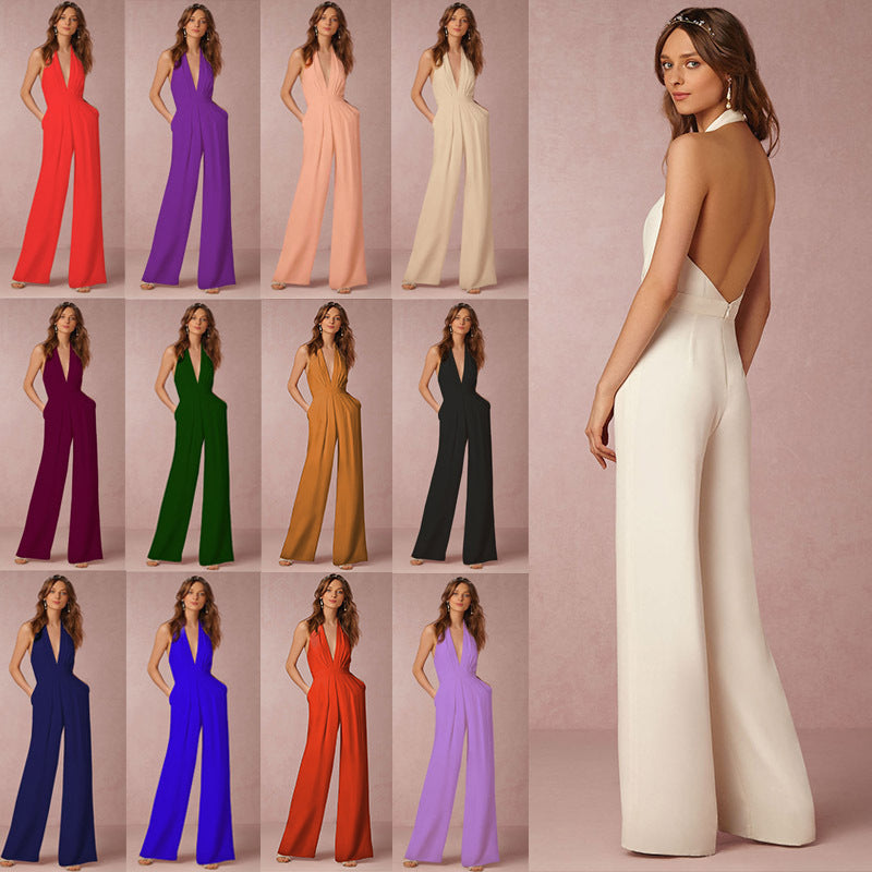 Ladies elegant jumpsuit with deep V-neckline and wide-leg silhouette Lisslune