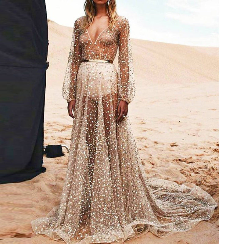 Women High-Quality Evening Dress with Sparkling Sequins and Transparent Fabric