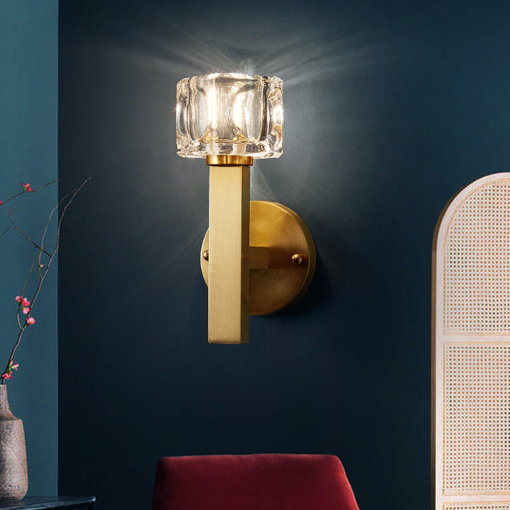Lisslune | Modern Cylindrical Wall Lamp 1/2-Lamp Clear Crystal Block Wall Lighting Fixture in Brass for Living Room