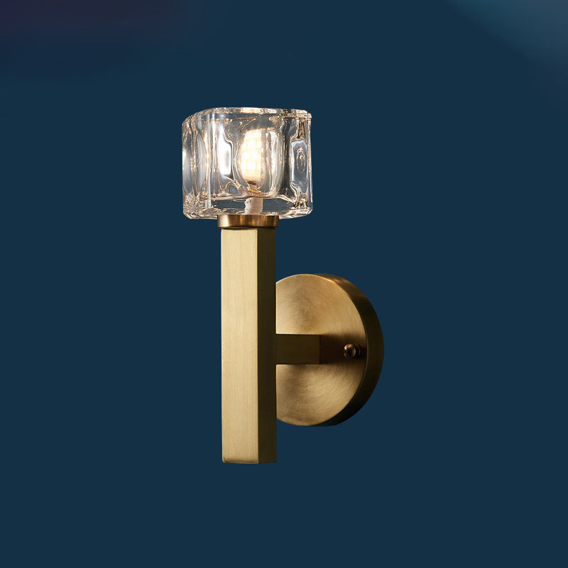 Lisslune | Modern Cylindrical Wall Lamp 1/2-Lamp Clear Crystal Block Wall Lighting Fixture in Brass for Living Room