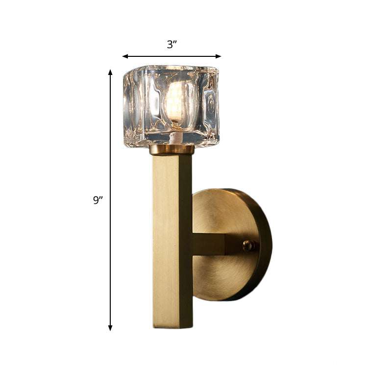 Lisslune | Modern Cylindrical Wall Lamp 1/2-Lamp Clear Crystal Block Wall Lighting Fixture in Brass for Living Room