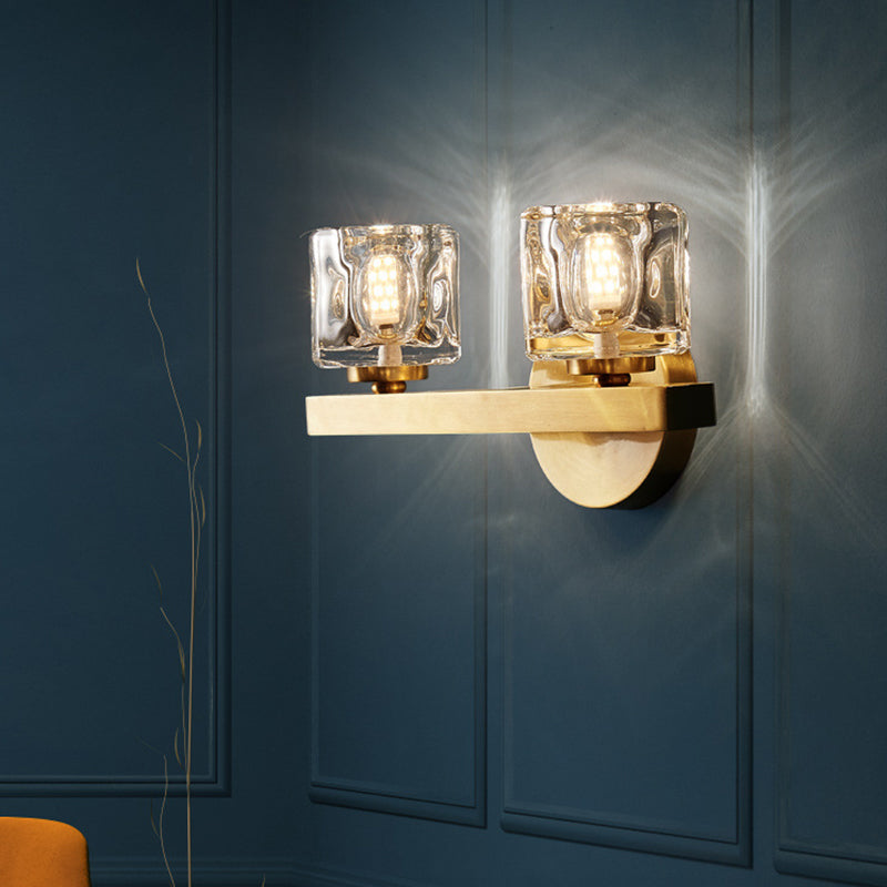 Lisslune | Modern Cylindrical Wall Lamp 1/2-Lamp Clear Crystal Block Wall Lighting Fixture in Brass for Living Room