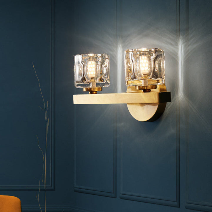 Lisslune | Modern Cylindrical Wall Lamp 1/2-Lamp Clear Crystal Block Wall Lighting Fixture in Brass for Living Room