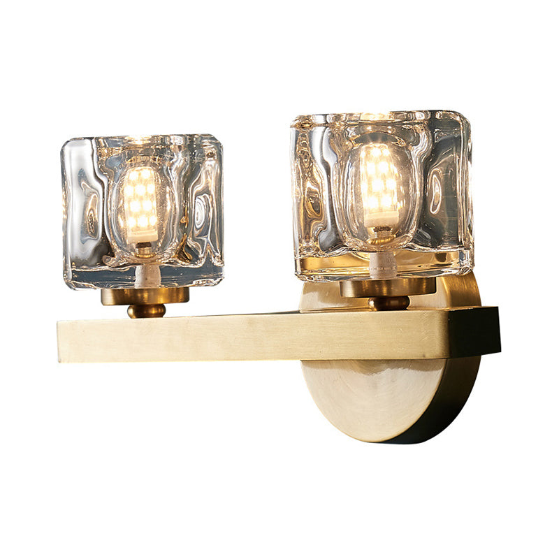 Lisslune | Modern Cylindrical Wall Lamp 1/2-Lamp Clear Crystal Block Wall Lighting Fixture in Brass for Living Room