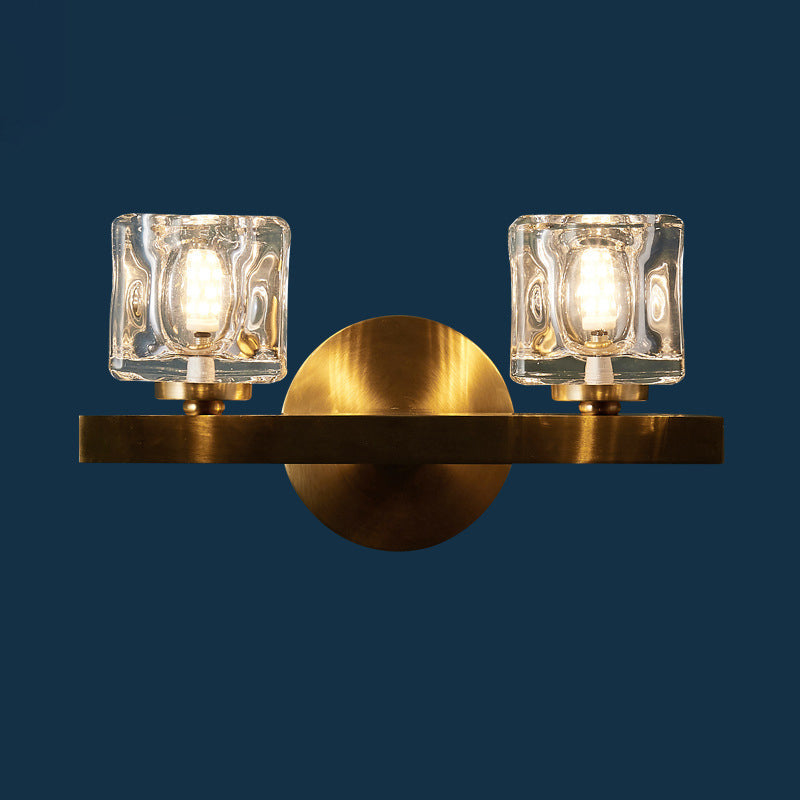 Lisslune | Modern Cylindrical Wall Lamp 1/2-Lamp Clear Crystal Block Wall Lighting Fixture in Brass for Living Room