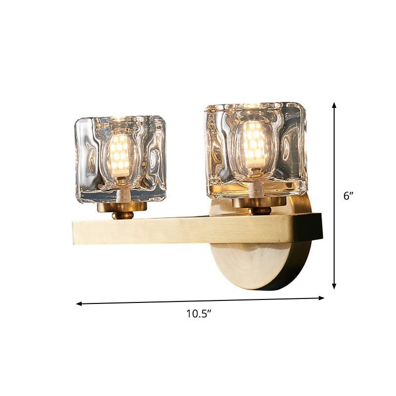 Lisslune | Modern Cylindrical Wall Lamp 1/2-Lamp Clear Crystal Block Wall Lighting Fixture in Brass for Living Room