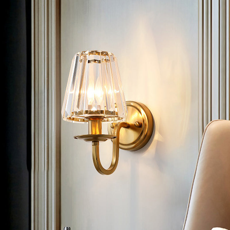 Skørter | Modern Cone Wall Lamp 1 Head K9 Crystal Wall Lamp in Gold with Curved Arm
