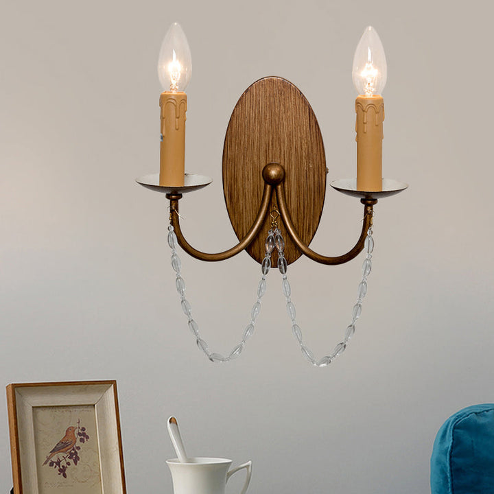 Skørter | Wooden candle wall lamp light rustic crystal beads 2 lights hallway wall mount lamp