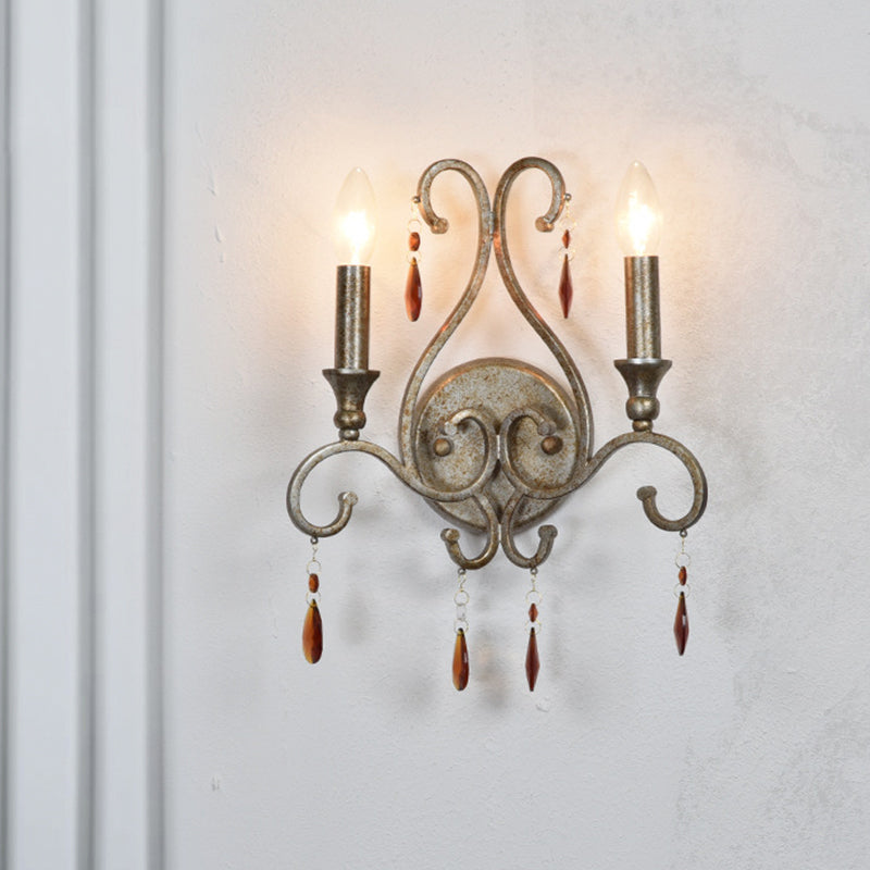 Skørter | Alter Silver 2-Head Wall Lamp Rustic Amber Crystal Candle Holder Wall Light
