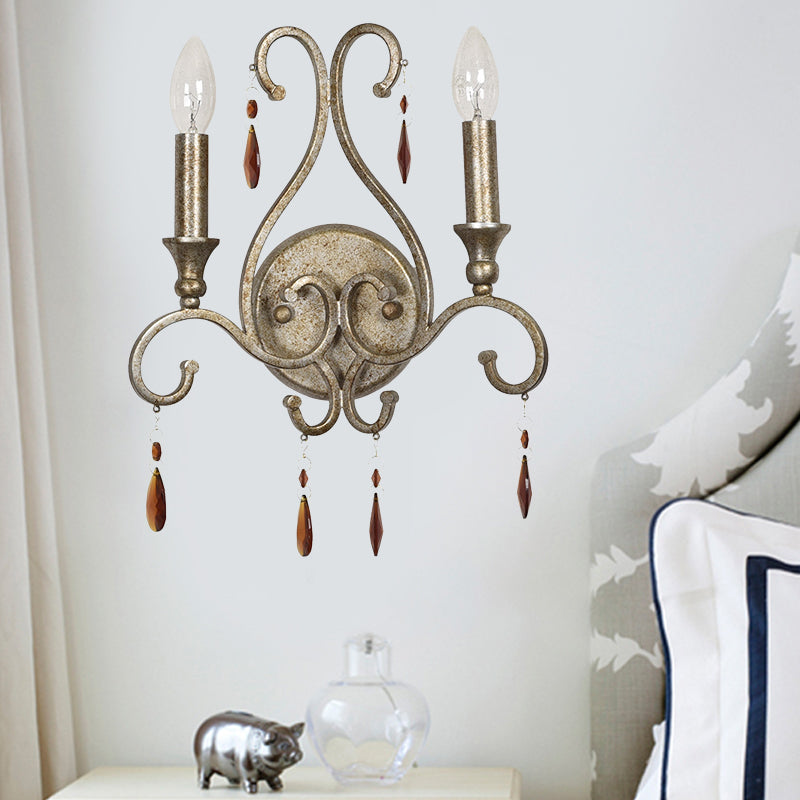 Skørter | Alter Silver 2-Head Wall Lamp Rustic Amber Crystal Candle Holder Wall Light