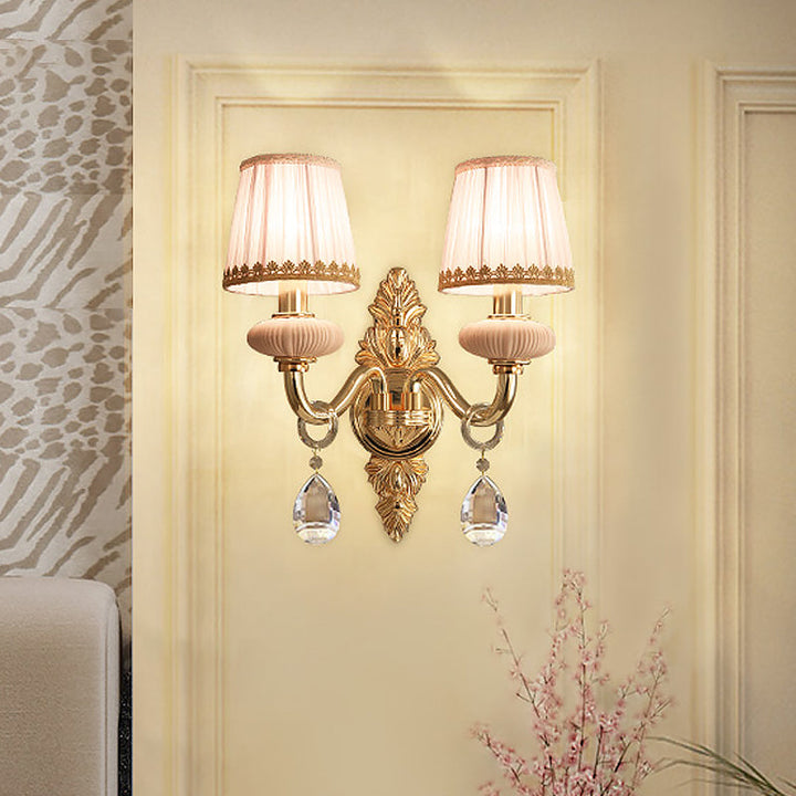Skørter | Fabric Pink Wall Lamp Cone 1/2-Ball Rural Wall Lamp Lighting Fixture with Helime Crystal Drop