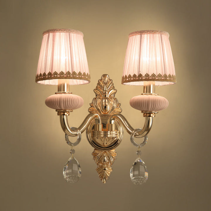 Skørter | Fabric Pink Wall Lamp Cone 1/2-Ball Rural Wall Lamp Lighting Fixture with Helime Crystal Drop