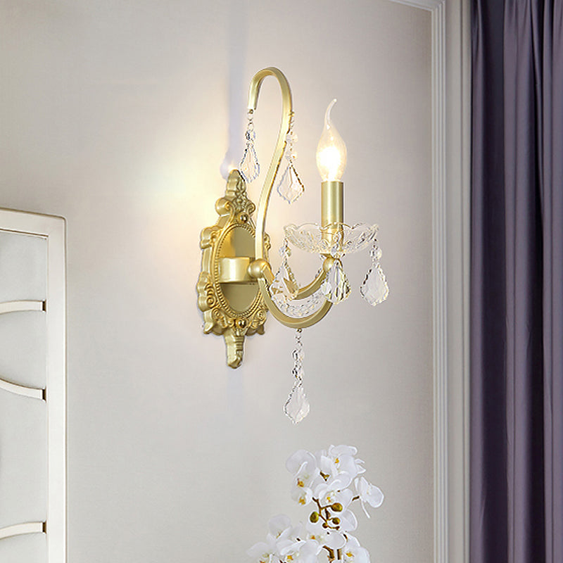 Skørter | Rural Candle Wall Lamp 1/2-Cup Crystal Wall Lighting Fixture in Gold for Living Room