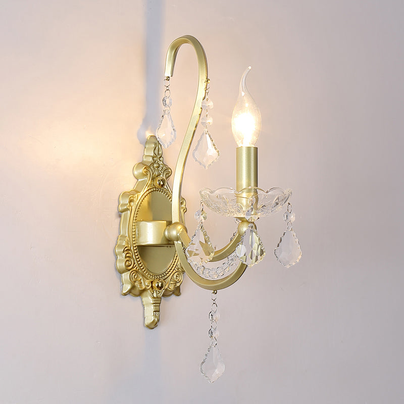 Skørter | Rural Candle Wall Lamp 1/2-Cup Crystal Wall Lighting Fixture in Gold for Living Room