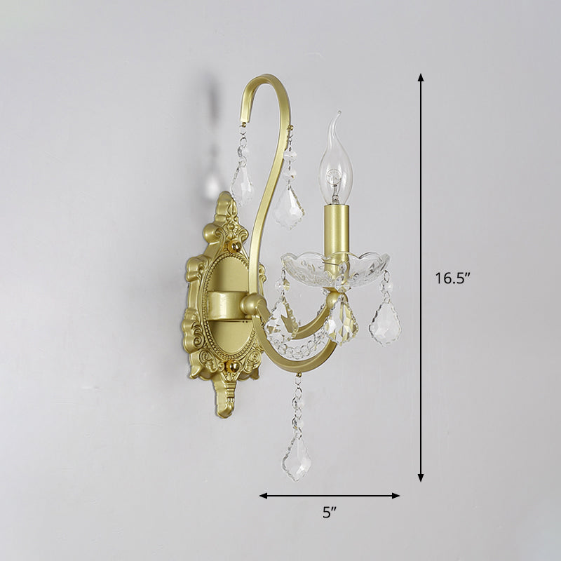 Skørter | Rural Candle Wall Lamp 1/2-Cup Crystal Wall Lighting Fixture in Gold for Living Room