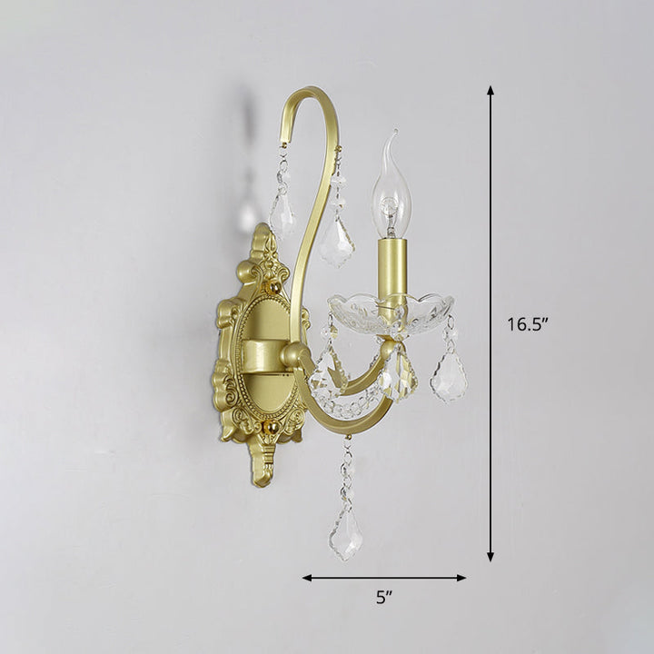 Skørter | Rural Candle Wall Lamp 1/2-Cup Crystal Wall Lighting Fixture in Gold for Living Room