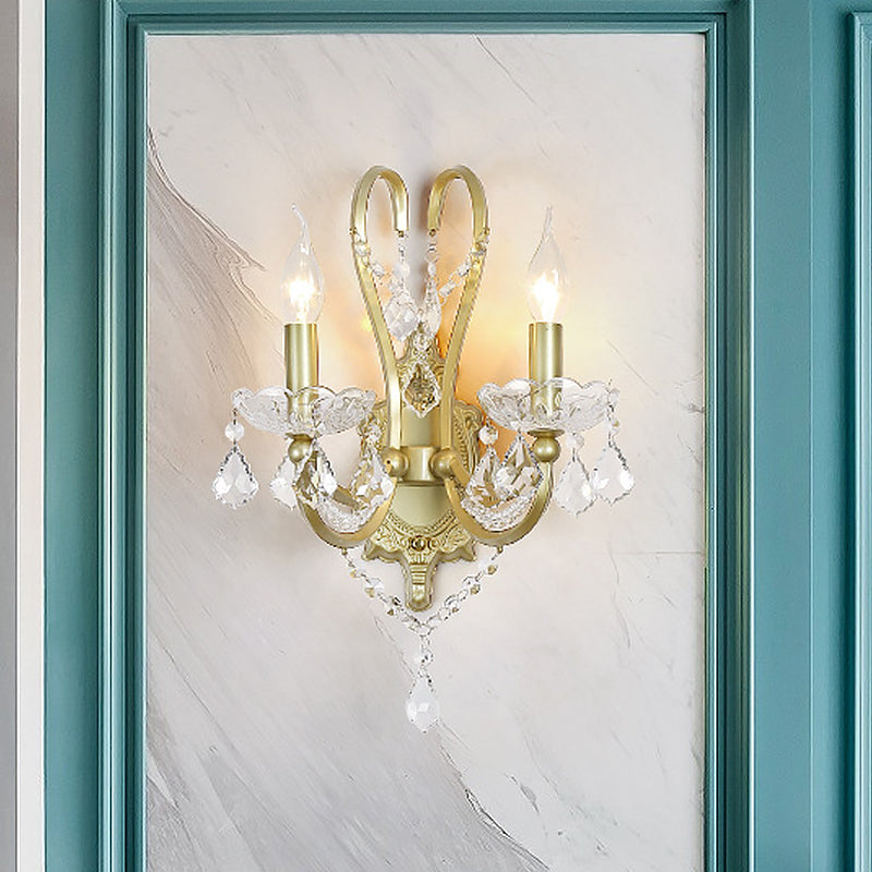Skørter | Rural Candle Wall Lamp 1/2-Cup Crystal Wall Lighting Fixture in Gold for Living Room