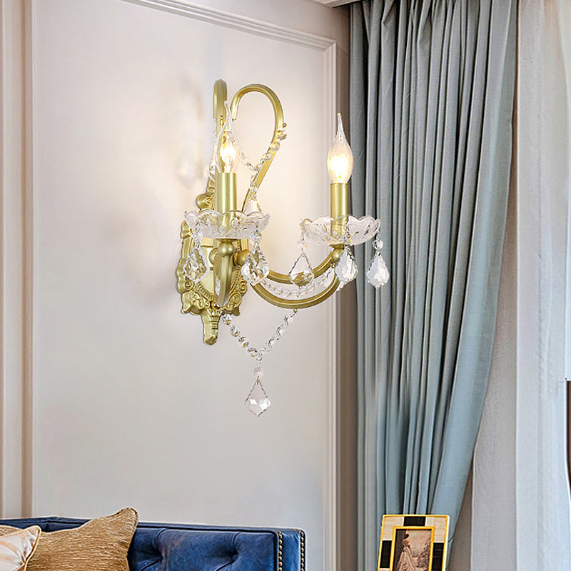 Skørter | Rural Candle Wall Lamp 1/2-Cup Crystal Wall Lighting Fixture in Gold for Living Room