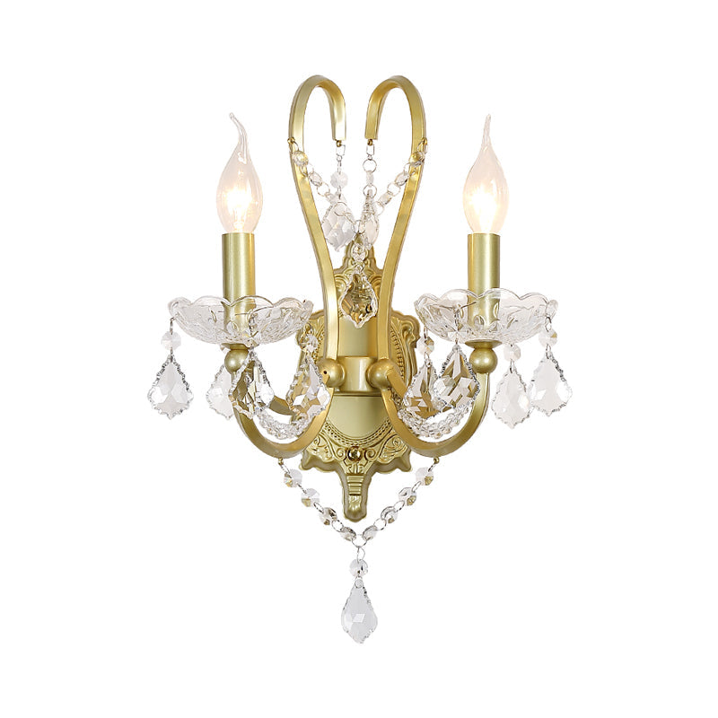 Skørter | Rural Candle Wall Lamp 1/2-Cup Crystal Wall Lighting Fixture in Gold for Living Room