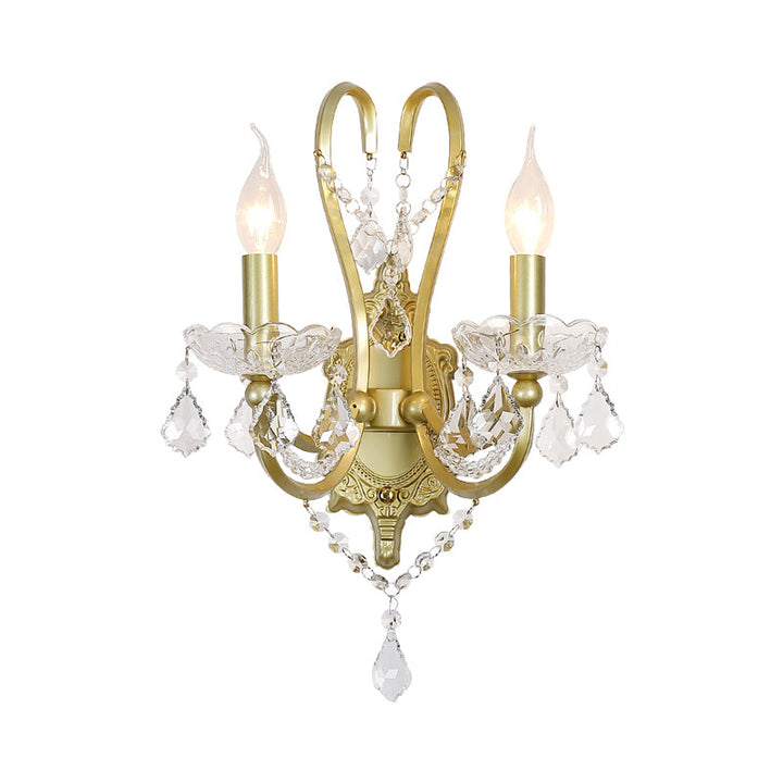 Skørter | Rural Candle Wall Lamp 1/2-Cup Crystal Wall Lighting Fixture in Gold for Living Room