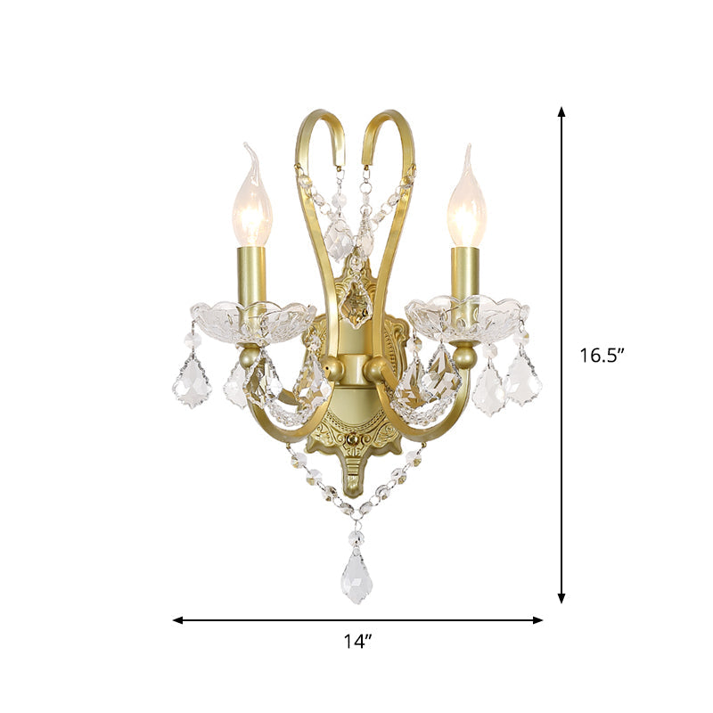 Skørter | Rural Candle Wall Lamp 1/2-Cup Crystal Wall Lighting Fixture in Gold for Living Room