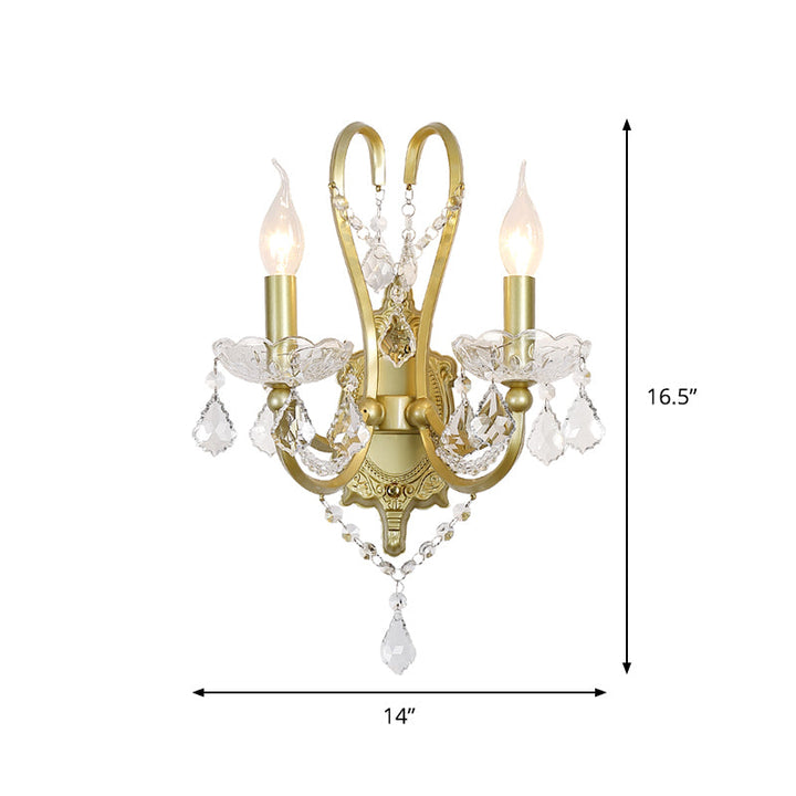 Skørter | Rural Candle Wall Lamp 1/2-Cup Crystal Wall Lighting Fixture in Gold for Living Room