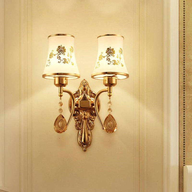 Skørter | 2 Bulbs Bell Wall Light Mid-Century Gold Frosted Glass Wall Lighting with Crystal Pendant