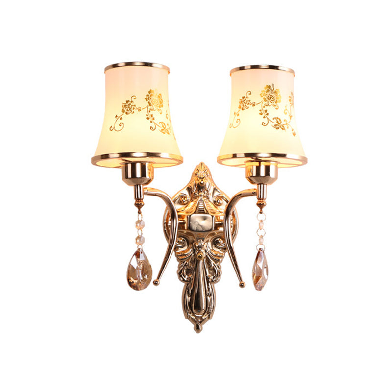 Skørter | 2 Bulbs Bell Wall Light Mid-Century Gold Frosted Glass Wall Lighting with Crystal Pendant