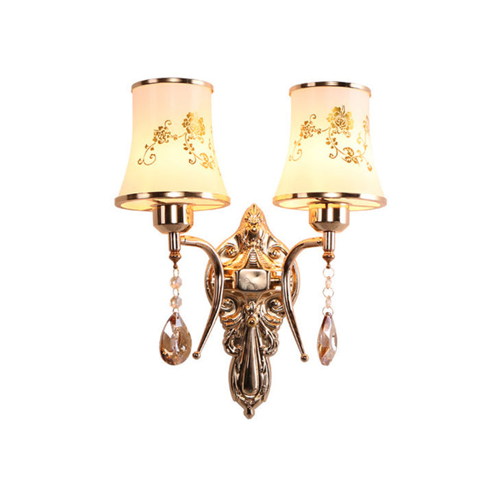 Skørter | 2 Bulbs Bell Wall Light Mid-Century Gold Frosted Glass Wall Lighting with Crystal Pendant