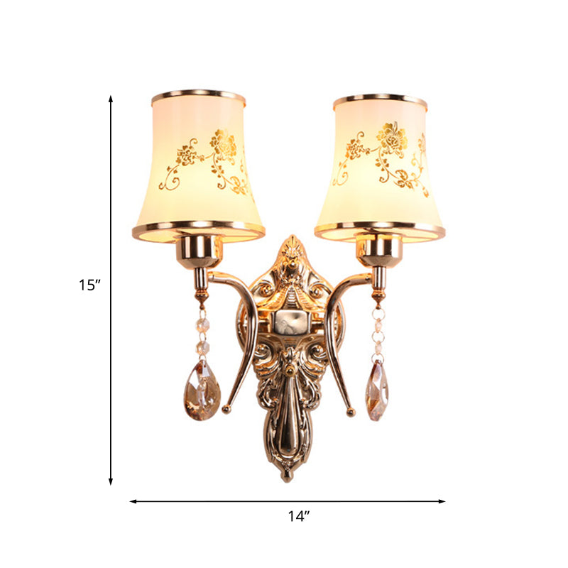 Skørter | 2 Bulbs Bell Wall Light Mid-Century Gold Frosted Glass Wall Lighting with Crystal Pendant