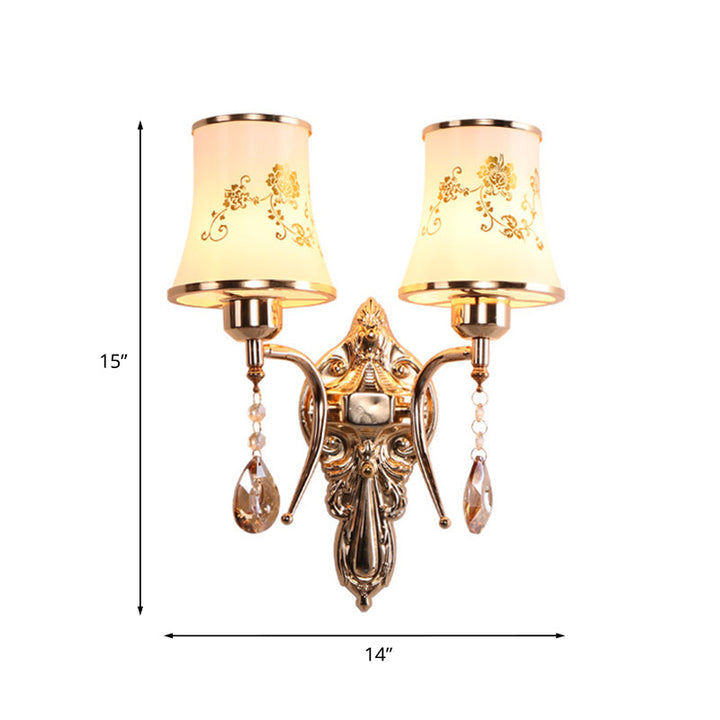 Skørter | 2 Bulbs Bell Wall Light Mid-Century Gold Frosted Glass Wall Lighting with Crystal Pendant