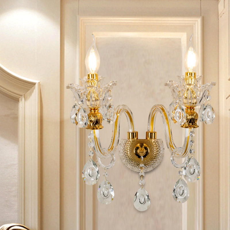 Skørter | Candle Holder Clear Crystal Glass Wall Lamp Mid Century 2-Light Living Room Wall Lamp in Gold
